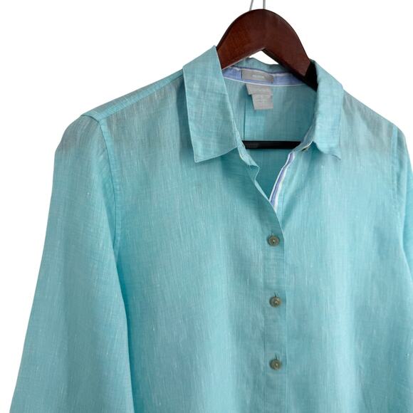 Chicos 0 Sz Small US 4 100% Linen Aqua Blue Tropical Beach Blouse Shirt Top - Picture 3 of 7